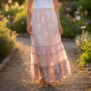 Y2K Vintage Violet Kay Pink Lace Tiered Maxi Skirt Cottagecore Coquette Made USA